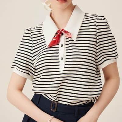 This image features a fashionable women's blouse with classic black and white horizontal stripes complemented by a red silk necktie, creating a chic and professional look suitable for office or casual settings, available at Monalisa Medical store.