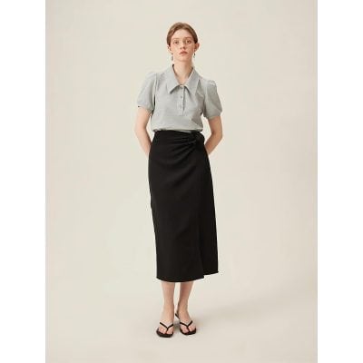 Elegant women's casual office dress with a tailored gray top and black skirt, perfect for professional settings and stylish everyday wear.