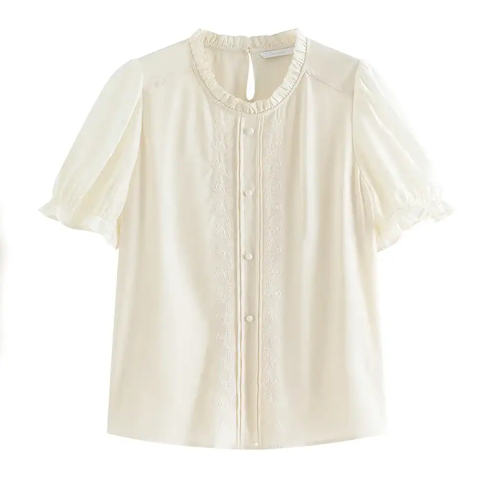 Cream blouse with delicate embroidery, frilled collar, and short puff sleeves, perfect for fashion-forward women seeking timeless and stylish wardrobe essentials at Monalisa Store.