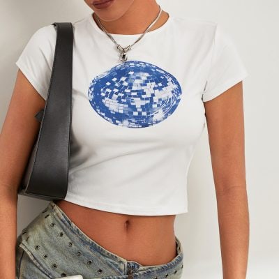 Stylish white crop top featuring a blue digital disco eye graphic, perfect for casual wear and fashion-forward looks. Made of soft, breathable fabric for comfort and style.