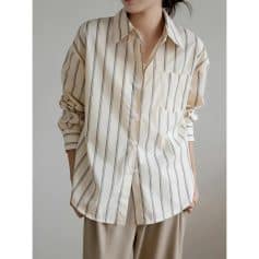 High-quality women's striped casual button-up shirt, perfect for office wear or leisure, featuring soft fabric, classic design, and versatile style suitable for all occasions.