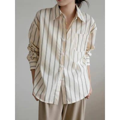 High-quality women's striped casual button-up shirt, perfect for office wear or leisure, featuring soft fabric, classic design, and versatile style suitable for all occasions.