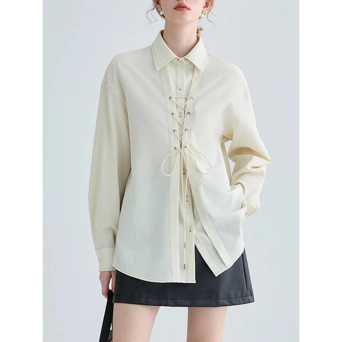 Ecru lace-up blouse ideal for stylish women, breathable and premium quality fabric, perfect for office wear or casual outings, adds sophistication to your wardrobe.