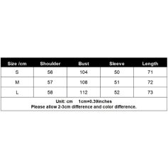 Optical clothing size chart for women or men in centimeters, including shoulder width, bust, sleeve, and length for small, medium, and large sizes. Perfect for choosing comfortable and stylish optical wear.