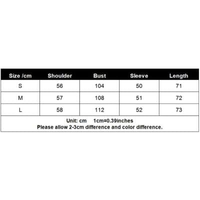 Optical clothing size chart for women or men in centimeters, including shoulder width, bust, sleeve, and length for small, medium, and large sizes. Perfect for choosing comfortable and stylish optical wear.