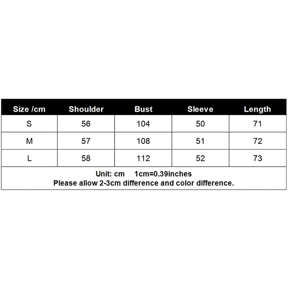 Optical clothing size chart for women or men in centimeters, including shoulder width, bust, sleeve, and length for small, medium, and large sizes. Perfect for choosing comfortable and stylish optical wear.