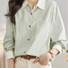 Stylish women's striped button-up shirt, perfect for casual or business wear, available at Monalisa Store for trendy fashion.
