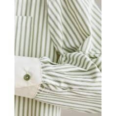 Stylish men's striped dress shirt with green and white vertical lines, perfect for opticians, eyewear stores, and professional optical boutiques.