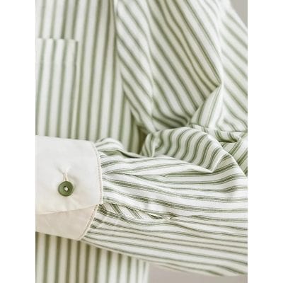 Stylish men's striped dress shirt with green and white vertical lines, perfect for opticians, eyewear stores, and professional optical boutiques.