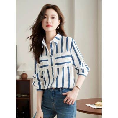 Elegant striped women's blouse perfect for casual or professional settings, featuring comfortable fabric and stylish design. Shop now at Monalisa Medical Store for quality women's fashion.