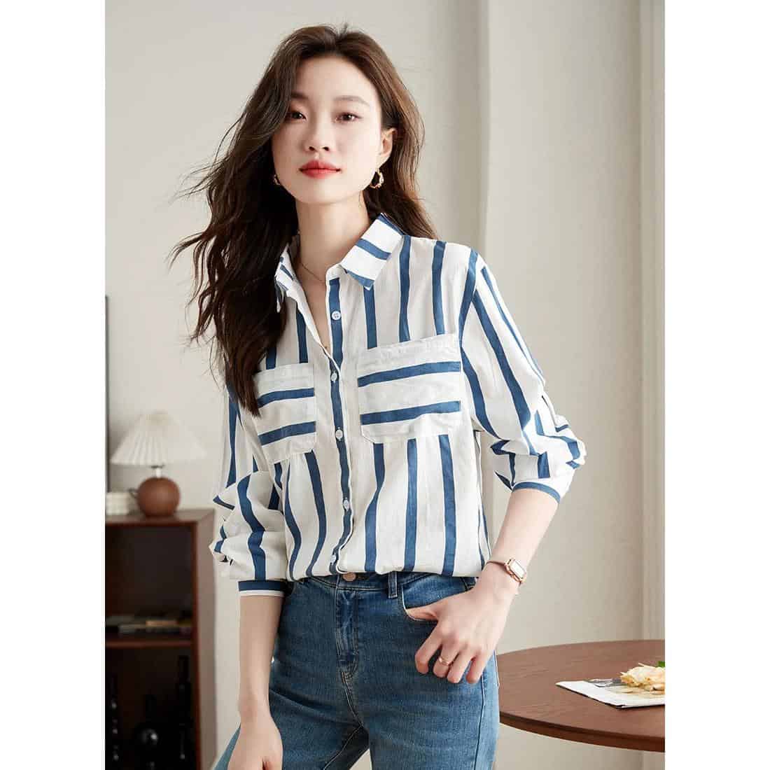 Elegant striped women's blouse perfect for casual or professional settings, featuring comfortable fabric and stylish design. Shop now at Monalisa Medical Store for quality women's fashion.
