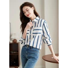 Women's striped button-up blouse, casual yet chic, perfect for daily wear and office outfits, available at Monalisa Medical Store.