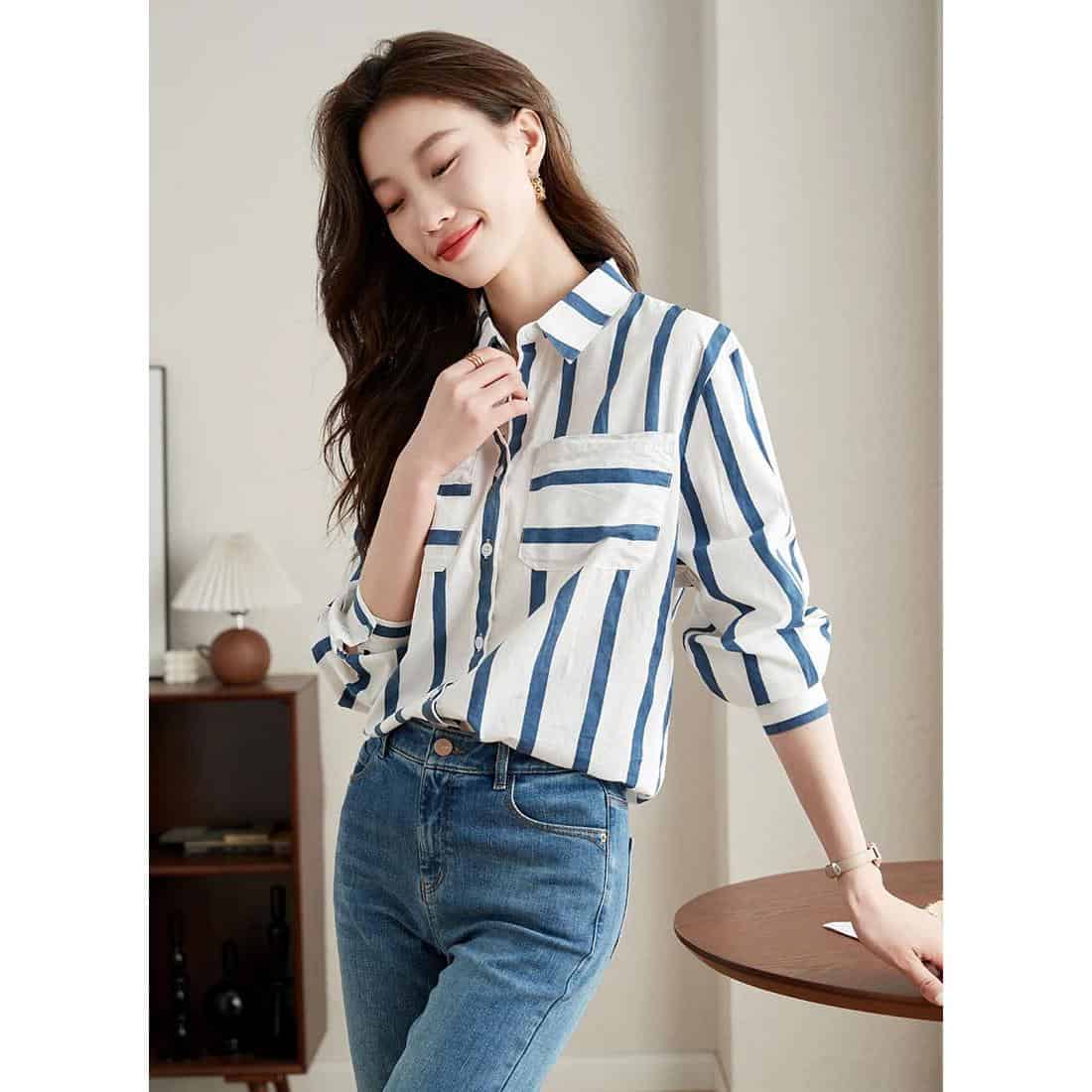 Women's striped button-up blouse, casual yet chic, perfect for daily wear and office outfits, available at Monalisa Medical Store.