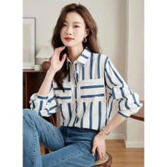 Stylish women’s striped shirt featuring a modern, casual design with a flattering fit, ideal for everyday fashion.