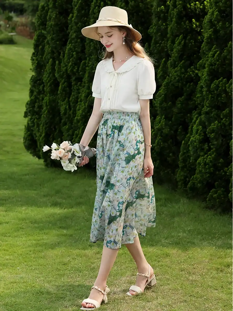 Stylish floral long skirt for women, perfect for summer and spring wear, featuring a comfortable wide-leg fit, flowy fabric, and trendy design for a chic look.