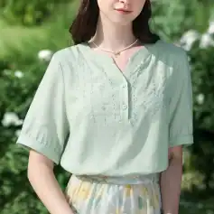 Women’s casual light green blouse with embroidery detail, perfect for summer outings and stylish looks at Monalisa Store.