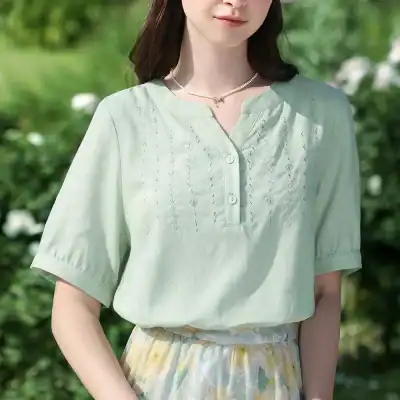 Women’s casual light green blouse with embroidery detail, perfect for summer outings and stylish looks at Monalisa Store.