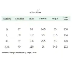 Opt for the perfect fit with our detailed size guide, showcasing measurements for shoulder, bust, sleeves, length, and lower hem, ideal for fashion-conscious shoppers seeking quality and accurate sizing.