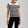 Optical striped women’s t-shirt from Monalisa Store featuring classic black and white design, perfect for casual or workwear. Comfortable, trendy, premium quality apparel for fashionable women.