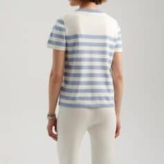 Comfortable blue and white striped women's t-shirt perfect for casual fashion and summer wear.