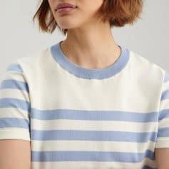 Comfortable women's striped t-shirt with blue and white horizontal stripes, perfect for casual wear and everyday fashion.