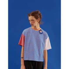 Colorful striped casual T-shirt with mixed pastel and navy hues, perfect for everyday fashion.