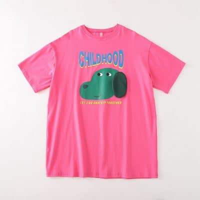 Bright pink T-shirt with playful dog graphic and colorful 