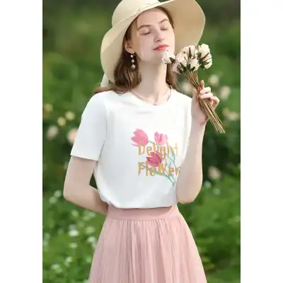 Beautiful women wearing a stylish white floral T-shirt with