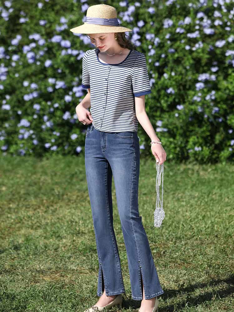 Comfortable women's flare jeans with front slit, perfect for casual summer outfits and outdoor activities.