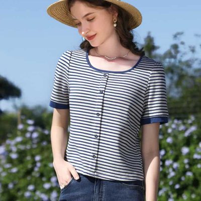 Elegant striped short-sleeve top perfect for summer outings and casual events at Monalisa Store. Made from lightweight, comfortable fabric designed for a fashionable, relaxed look.