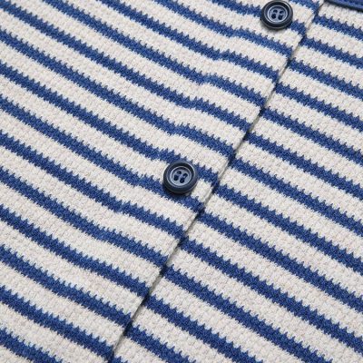 Comfortable blue and white striped knit cardigan with buttons for versatile style. Perfect for casual wear and layering. Made with soft, warm fabric for everyday comfort.