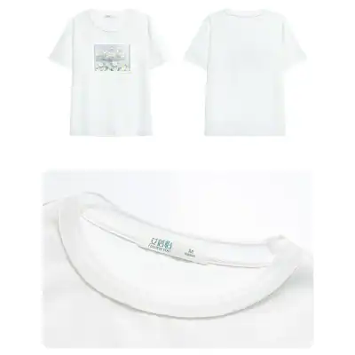 A stylish white T-shirt featuring a holographic graphic design, perfect for casual wear and fashion statements.