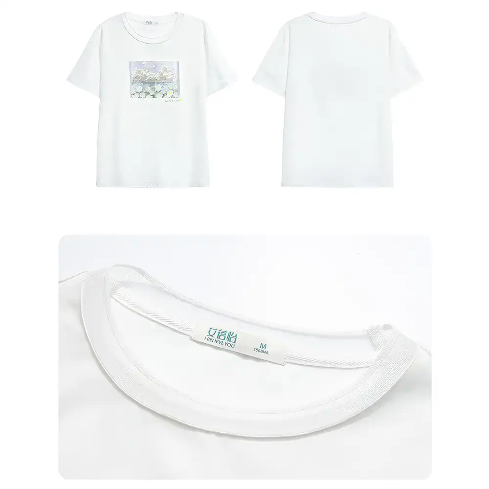 A stylish white T-shirt featuring a holographic graphic design, perfect for casual wear and fashion statements.