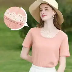 Optical women's stylish peach top featuring delicate eyelet embroidery at the neckline, perfect for casual and spring/summer wear, available at Monalisa Store.