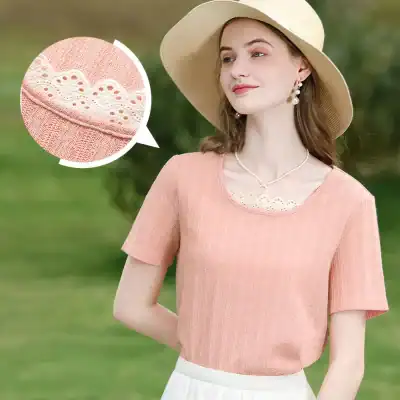 Optical women's stylish peach top featuring delicate eyelet embroidery at the neckline, perfect for casual and spring/summer wear, available at Monalisa Store.