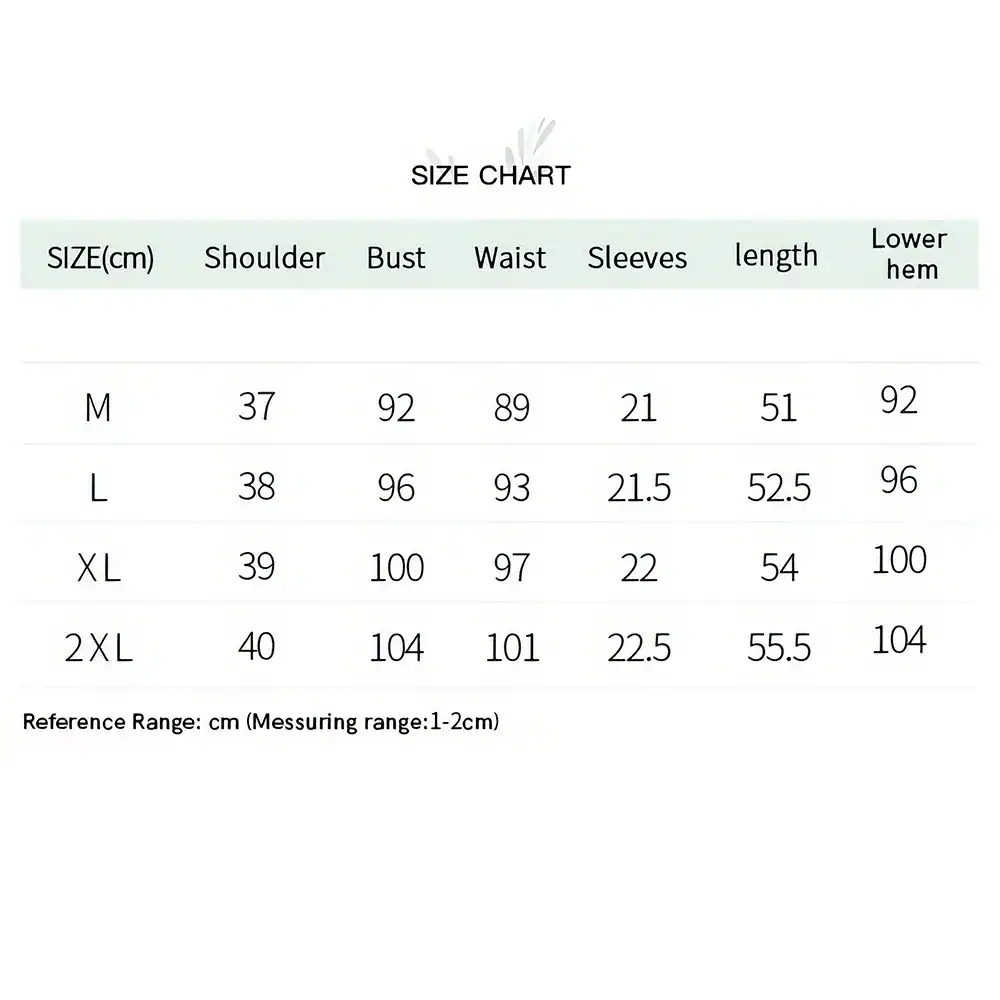 Comprehensive size chart for medical scrubs and apparel, including measurements for shoulder, bust, waist, sleeves, length, and lower hem, suitable for healthcare professionals.