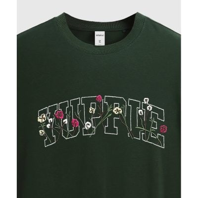 Stylish dark green sweatshirt featuring embroidered colorful flowers and the word