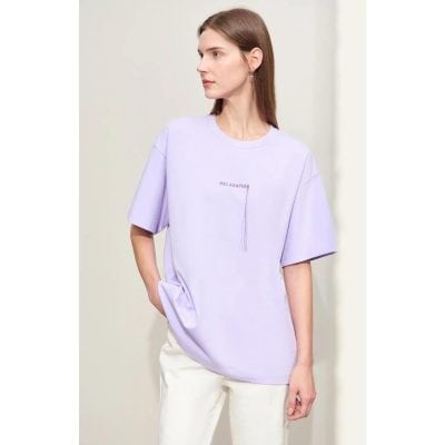Soft lavender casual T-shirt for women featuring the word 