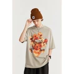 Stylish oversized beige T-shirt featuring a pixel art monkey and floral design, perfect for casual streetwear and online shopping at Monalisa Medical Store.