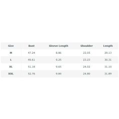 Optical dress measurement chart for various sizes, including bust, sleeve length, shoulder, and overall length. Perfect for choosing the right fit for stylish optical apparel.