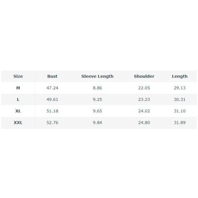 Optical dress measurement chart for various sizes, including bust, sleeve length, shoulder, and overall length. Perfect for choosing the right fit for stylish optical apparel.