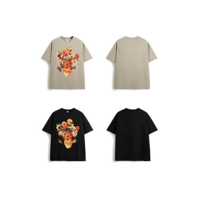 High-quality designer T-shirts with unique floral and artistic prints, perfect for fashion-conscious individuals. Available in stylish beige and classic black, these tees combine comfort and style for everyday wear.