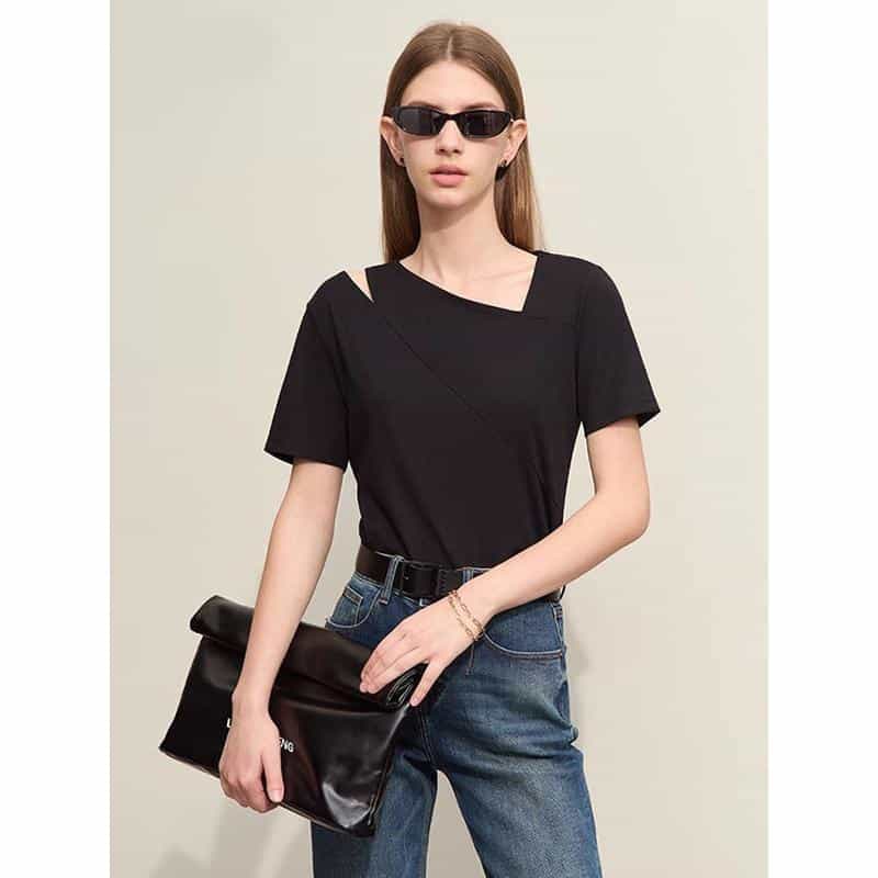 High-quality women's fashion top perfect for casual or chic looks, featuring a unique cut-out shoulder design, breathable fabric, and modern style.
