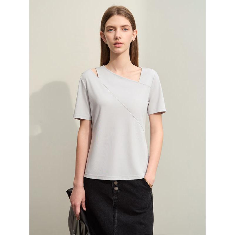 Elegant women's casual top with modern design, featuring a unique shoulder cutout detail, perfect for stylish everyday wear and suitable for office or casual outings.