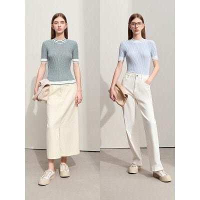 Stylish women’s blue and beige knit tops paired with neutral-tone skirts and pants, perfect for trendy, comfortable, and fashionable look in everyday wear.