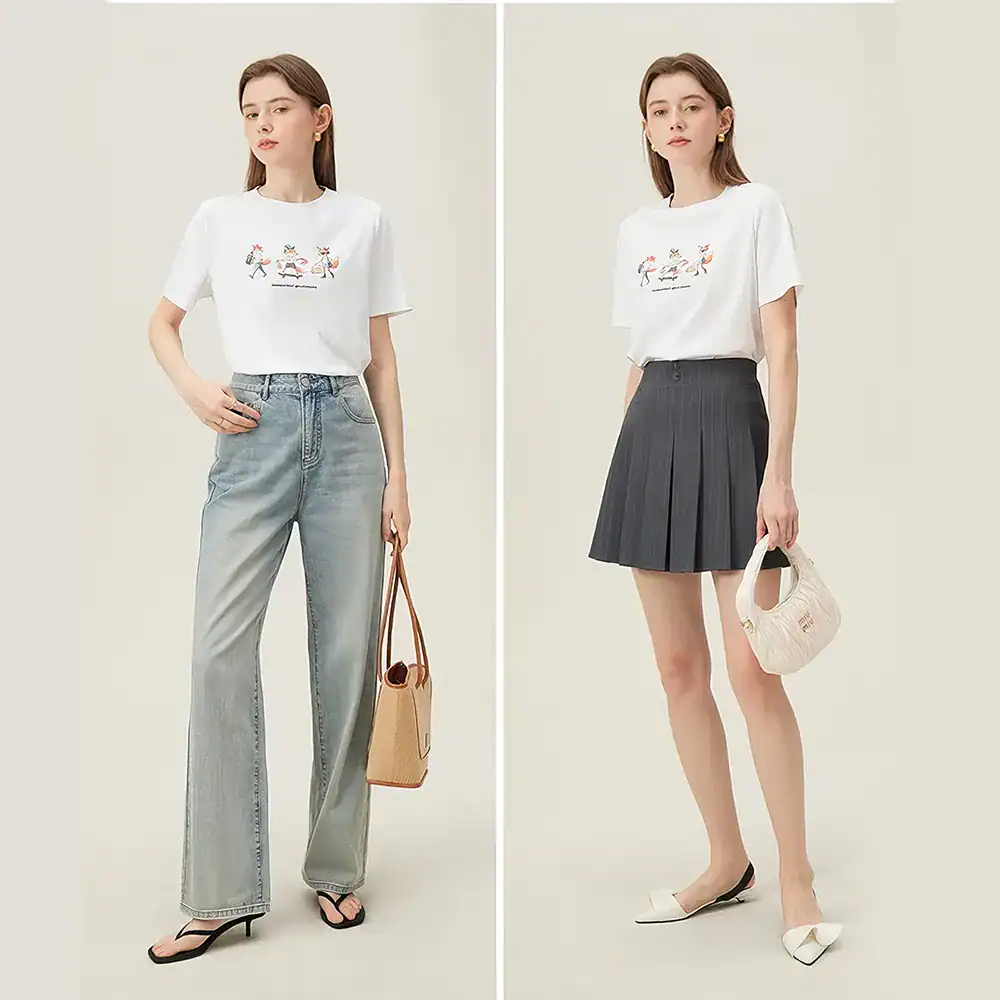 Stylish women's t-shirt and jeans paired with chic pleated skirt and accessories at Monalisa Store.