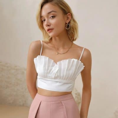 Elegant white pleated strap top for women, perfect for stylish and trendy looks.