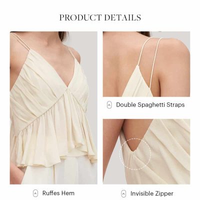 Lightweight cream sleeveless top with double spaghetti straps perfect for casual or dressy occasions. Features a ruffled hem and hidden zipper for a seamless look.