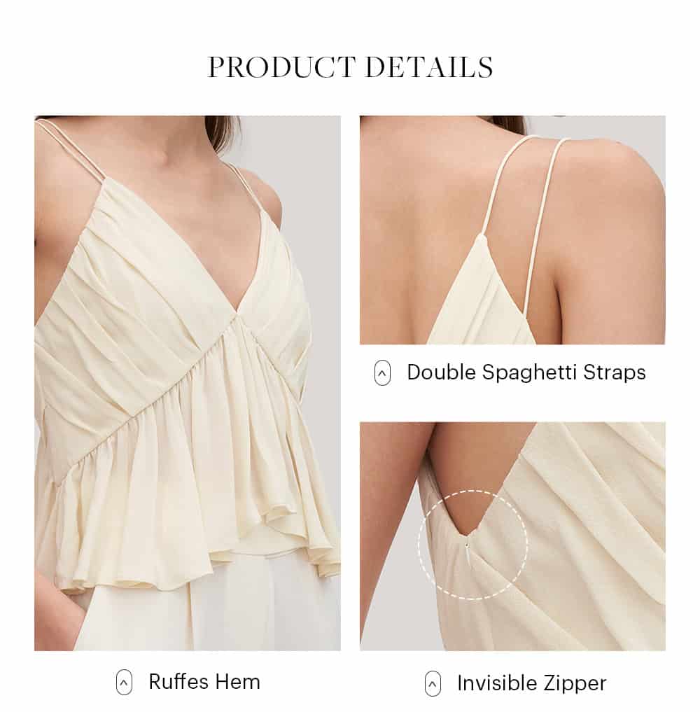 Lightweight cream sleeveless top with double spaghetti straps perfect for casual or dressy occasions. Features a ruffled hem and hidden zipper for a seamless look.