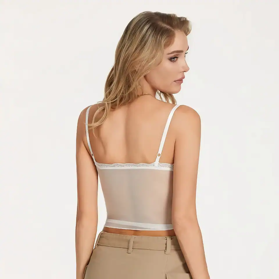 Elegant women's lace-trimmed tank top with adjustable straps, perfect for daily wear or sleepwear. Soft, breathable fabric offers comfort and a stylish look for any occasion.